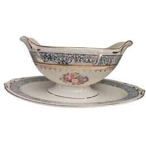 Vintage Homer Laughlin Gravy Boat Attached Underplate Floral Gray Gold Trim
